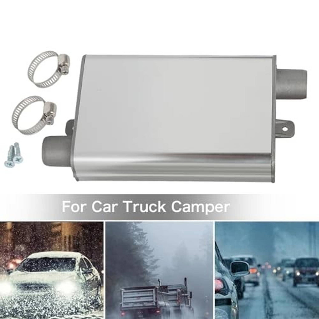Silver exhaust muffler silencer with side body and outlet pipe, two hose clamps