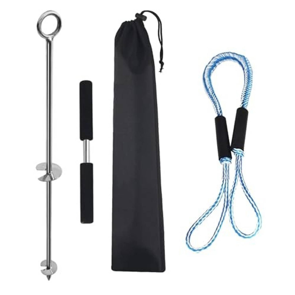 Stainless steel sand anchor with black grips, blue rope, and storage bag