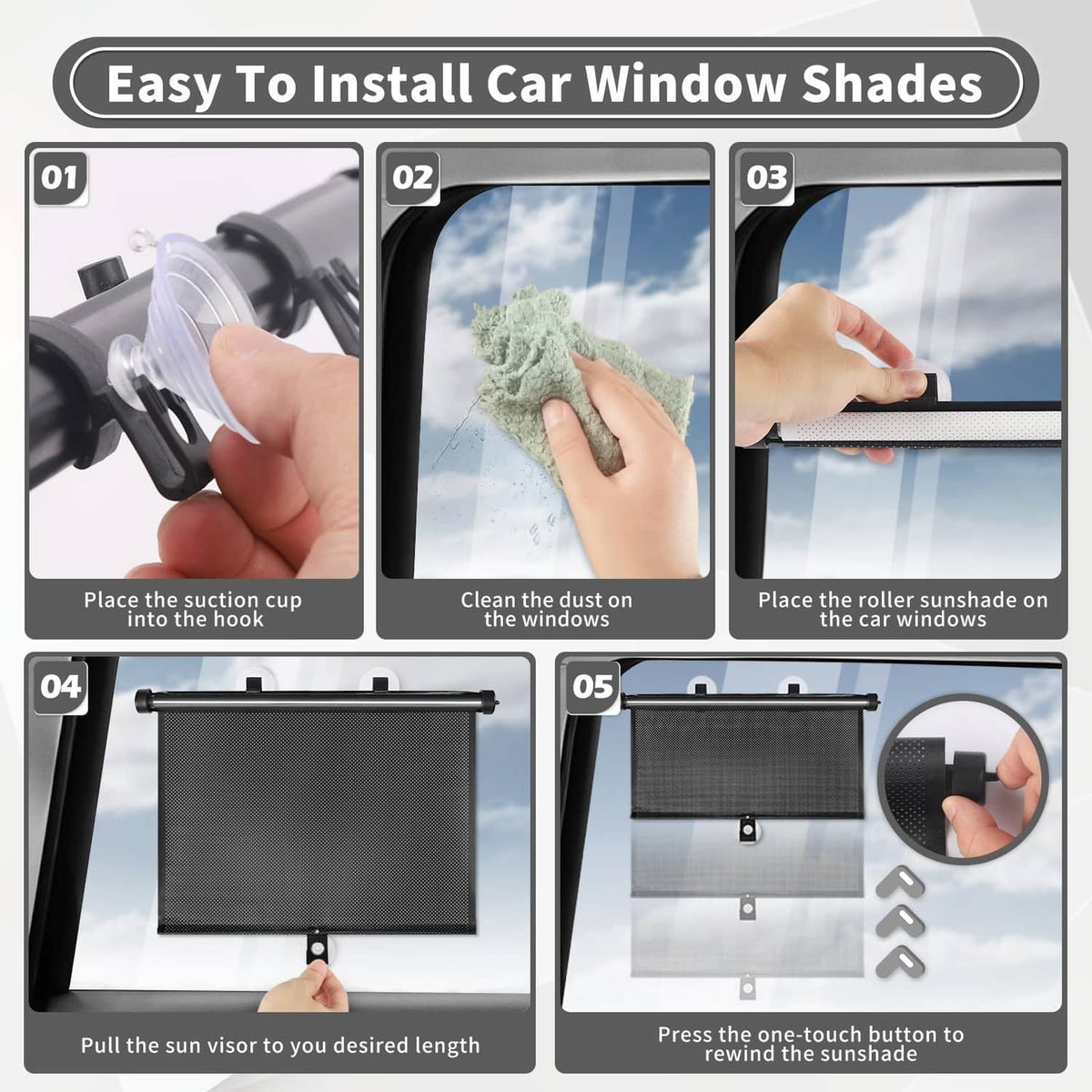 Black car window shade installation steps with suction cup and roller bar