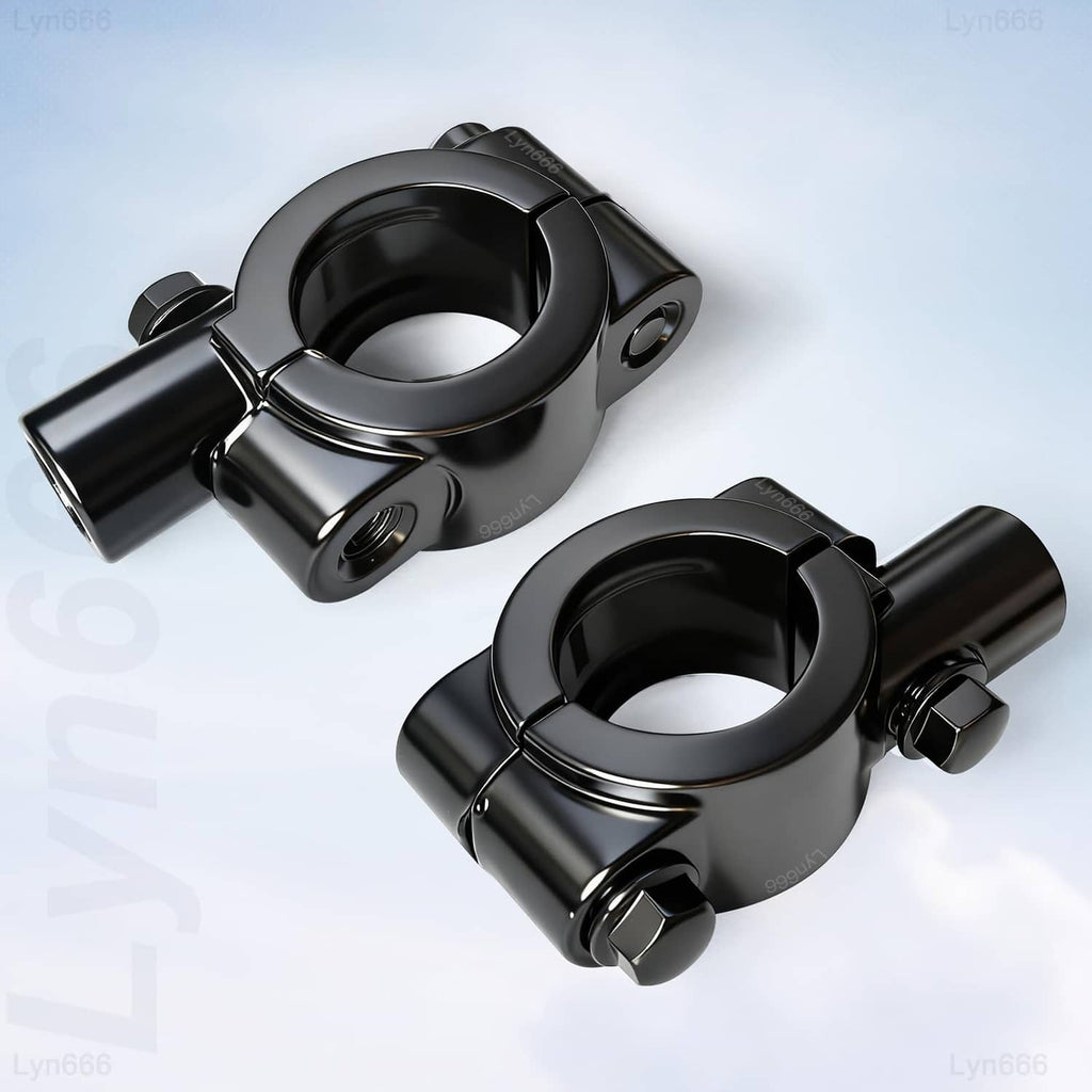 Pair of black handlebar mirror mount clamps with 25mm rings and threaded holes