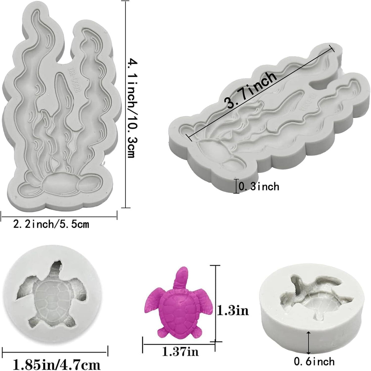 Sea-themed silicone fondant mold set with seaweed, fish, coral, turtle shapes and size marks