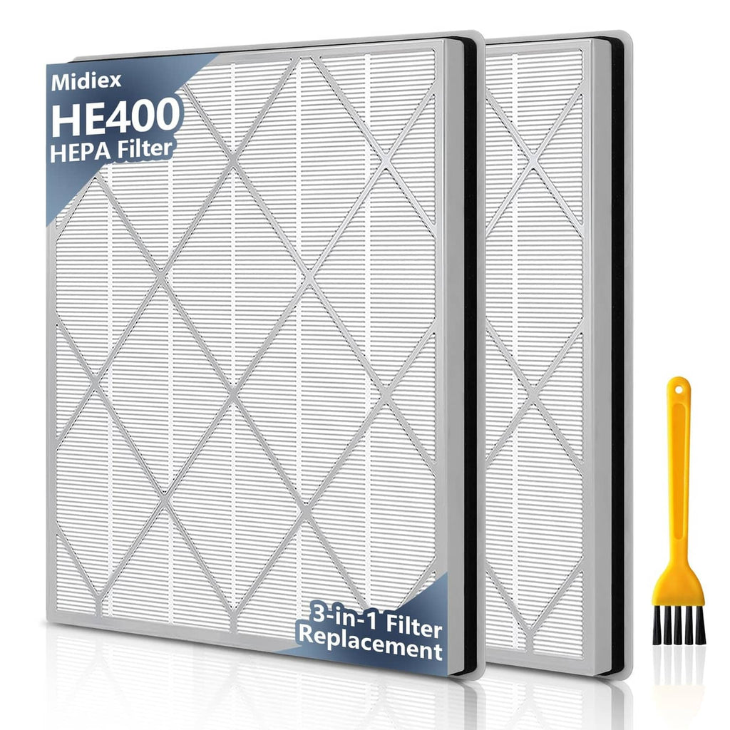 Midiex HE400/HE401 HEPA replacement filters, white pleated media in black frames, 2-pack