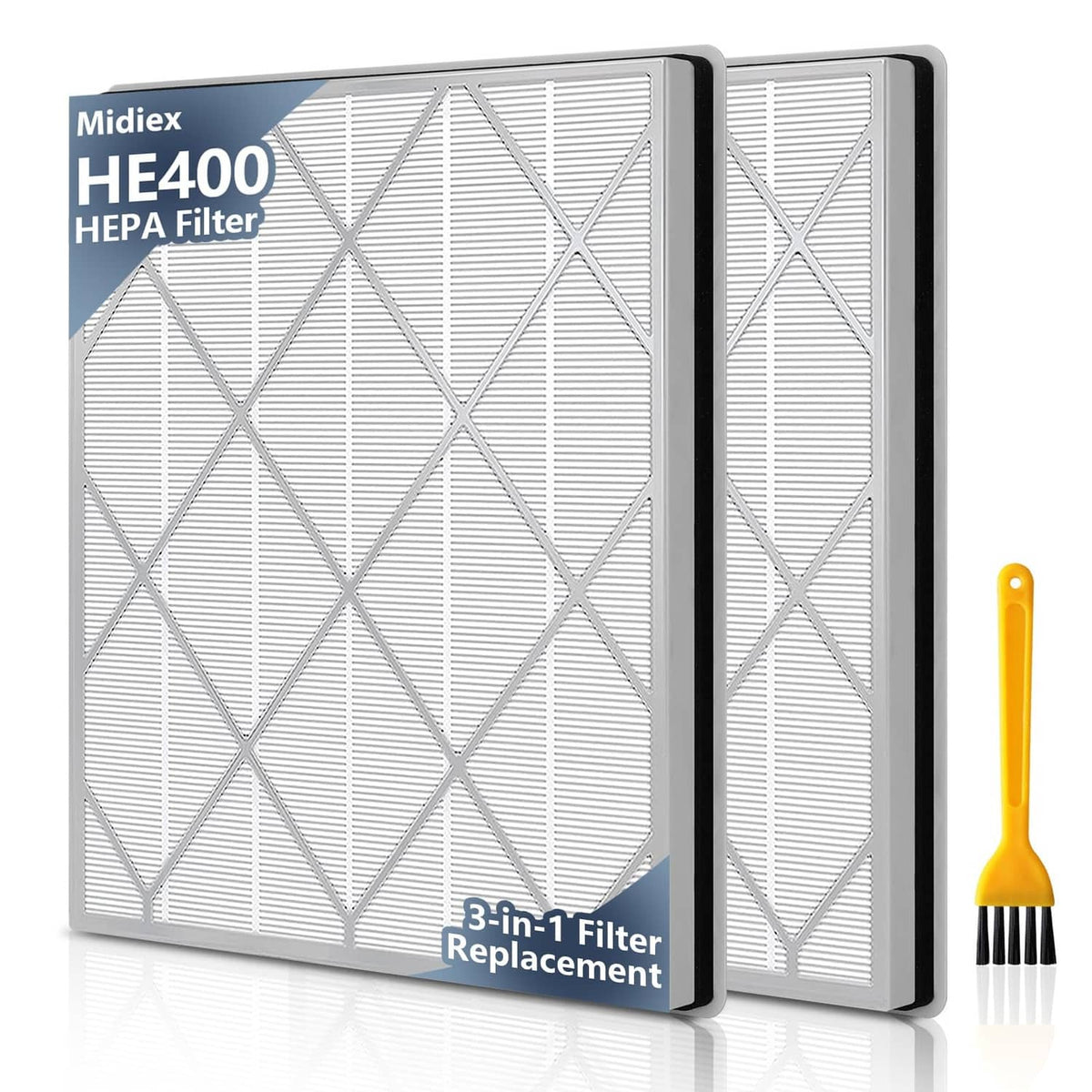 Midiex HE400/HE401 HEPA replacement filters, white pleated media in black frames, 2-pack