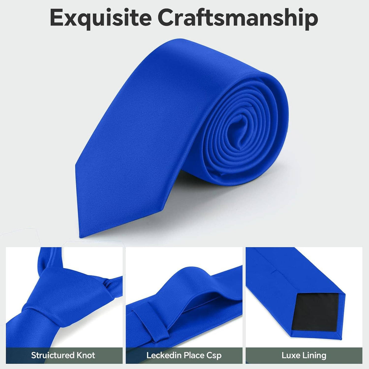 Men's blue solid tie set with rolled necktie and pocket square, plus gift box