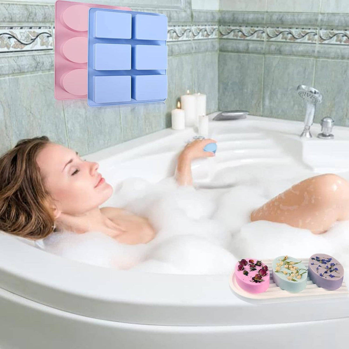 Silicone soap mold set with blue rectangle cavities shown above a bathtub scene