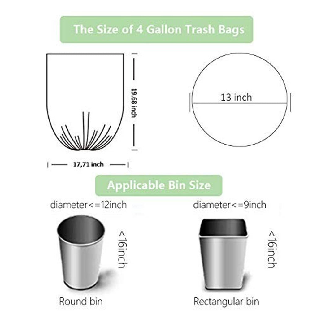 4-gallon trash bag size guide with measurements for round and rectangular bins
