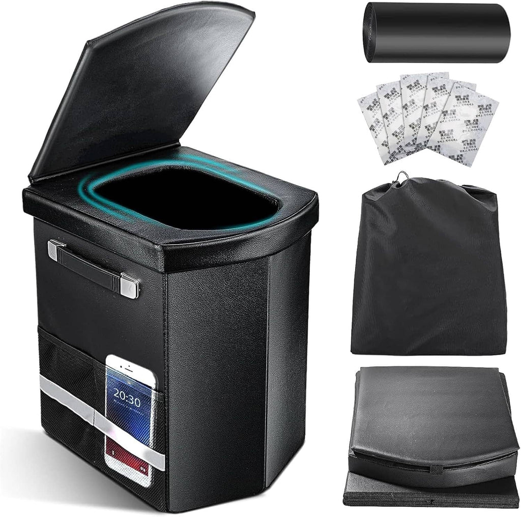 Portable camping toilet with open seat and lid, plus roll and packaged waste liners