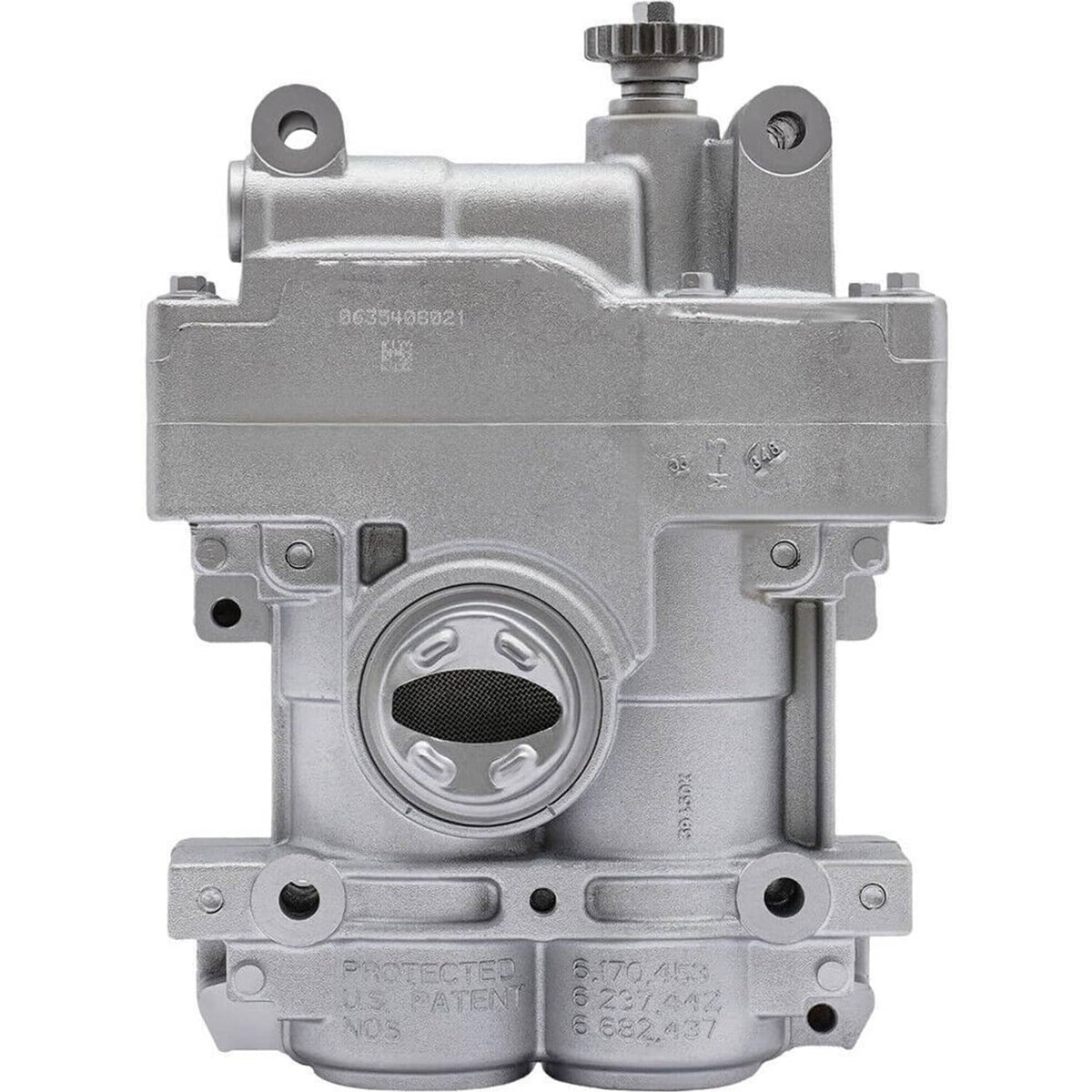 Oil pump balance shaft assembly with silver metal body and circular mesh filter