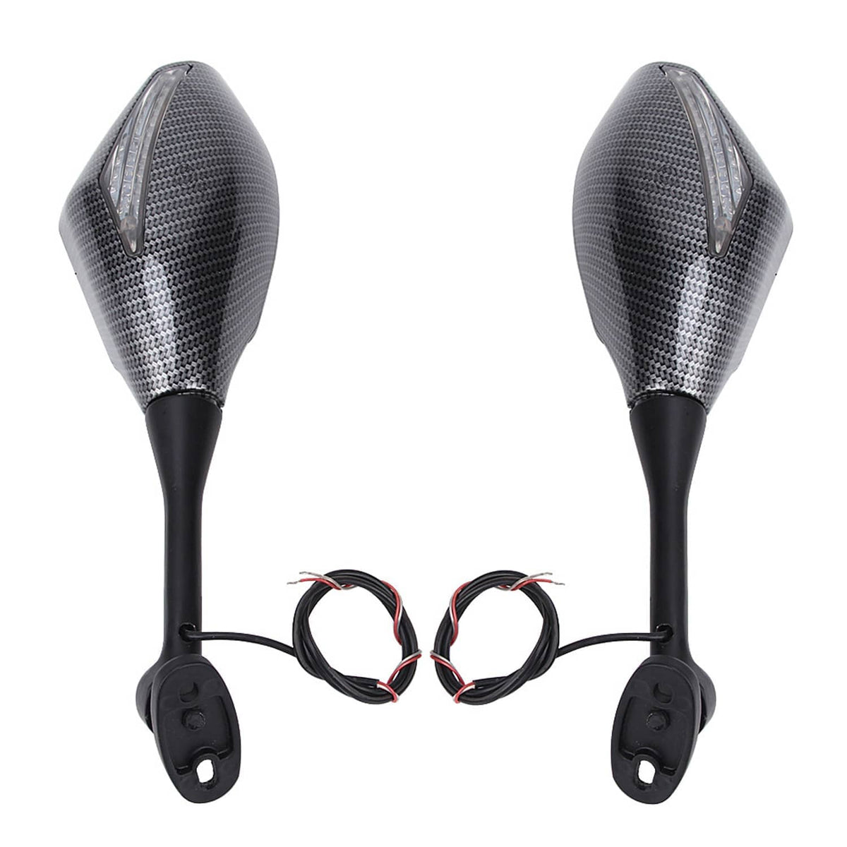 Pair of LED turn signal rearview mirrors with textured gray housings and wiring pigtails