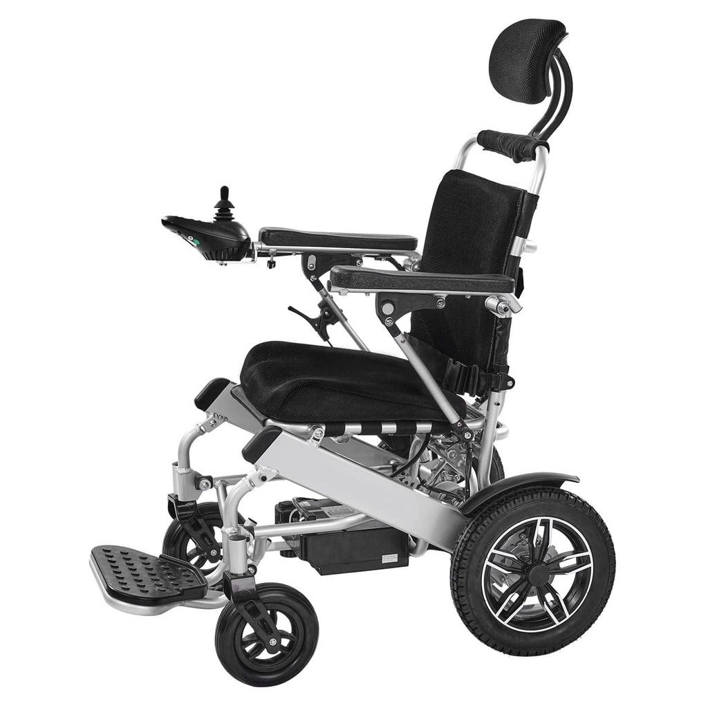 Electric reclining wheelchair in profile view with black seat, headrest, and silver base.