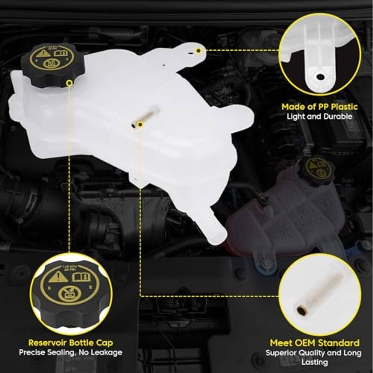 White coolant recovery tank with cap, close-up view of molded contours and mounting holes