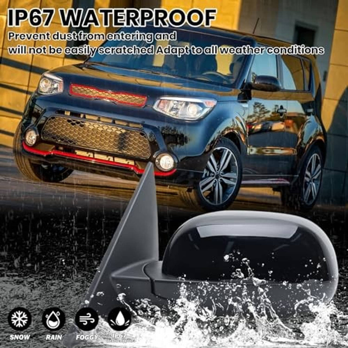 Left driver-side black side mirror with water-splash protective housing