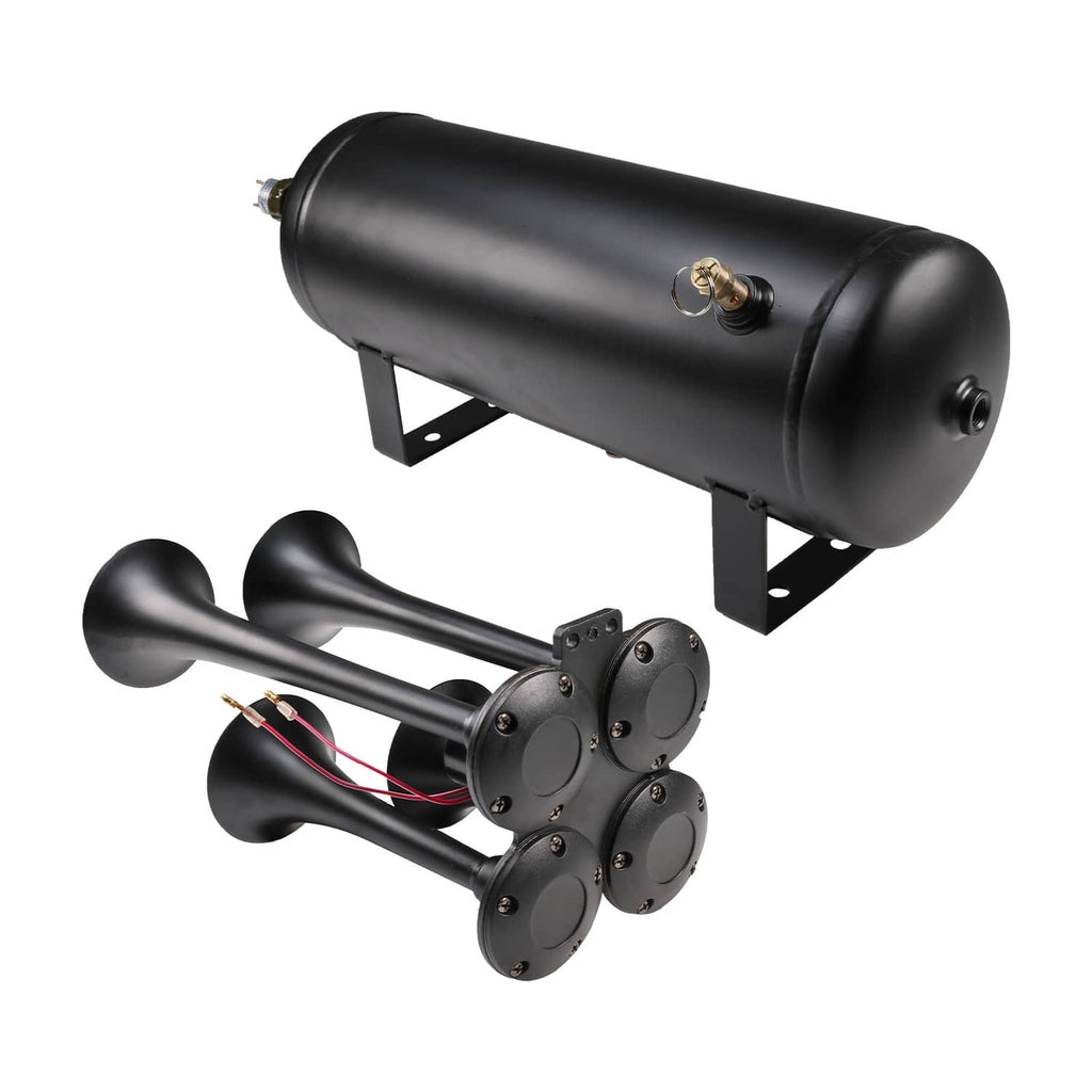 Black air tank and four-trumpet horn set with mounting brackets and wiring