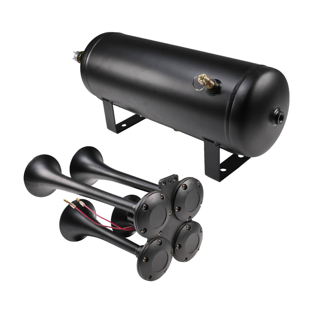 Black air tank and four-trumpet horn set with mounting brackets and wiring