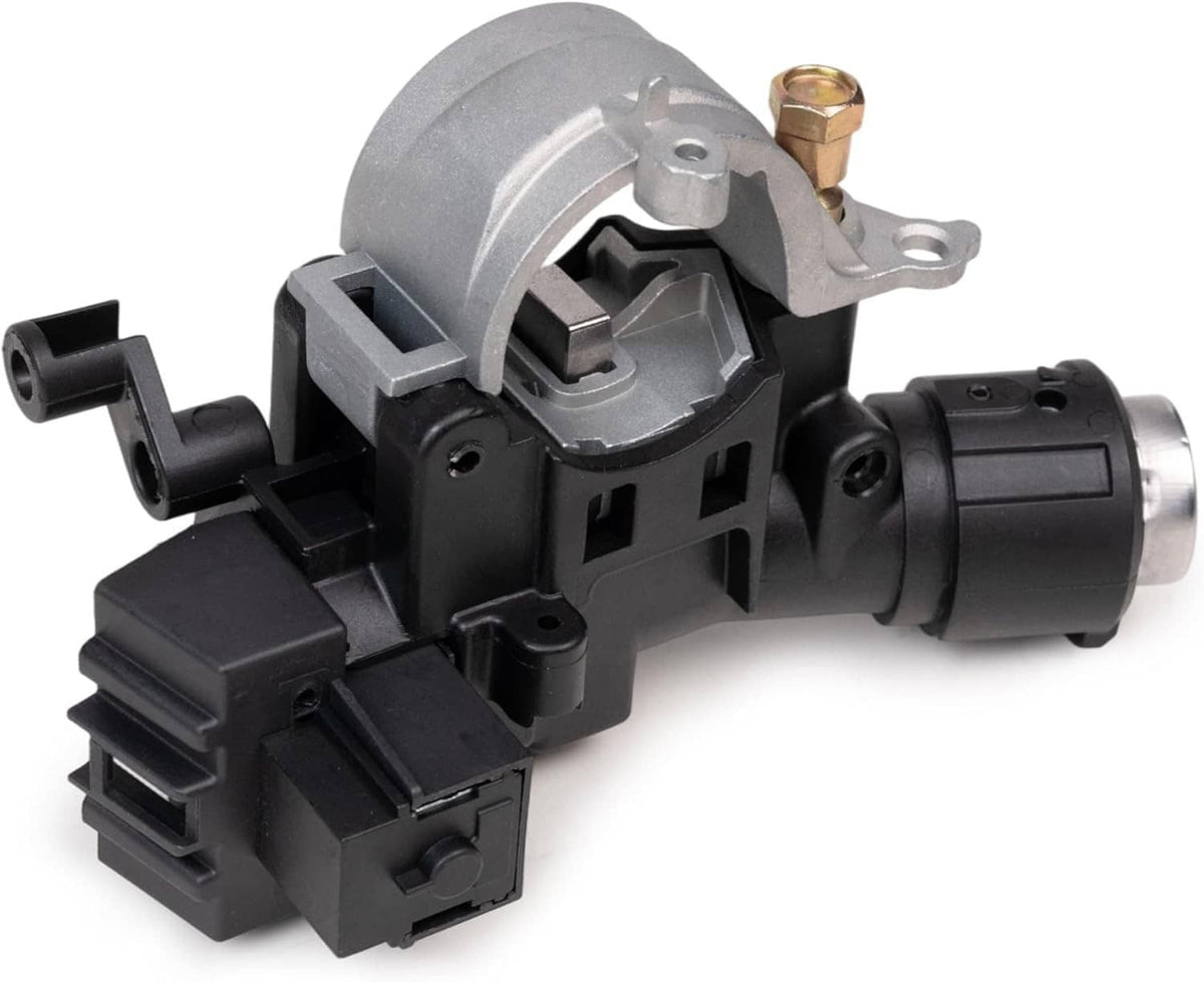 Ignition lock cylinder housing with metal mounting bracket and black electrical connector