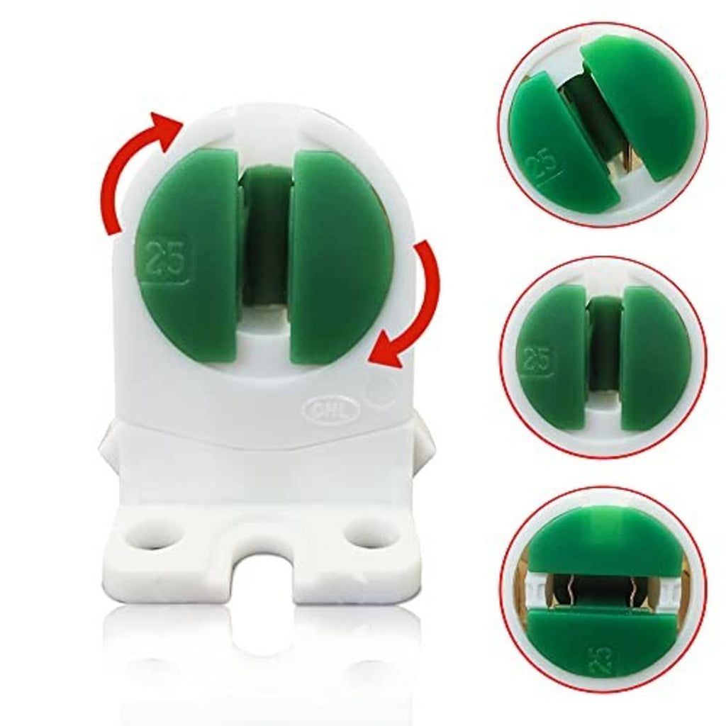 T5 tombstone lamp holder close-up with green bi-pin spring contacts and white body