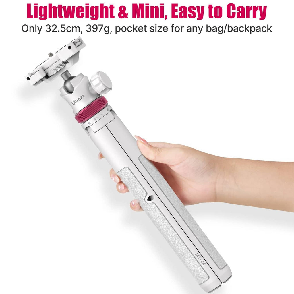 White mini foldable selfie stick tripod, compact handheld size