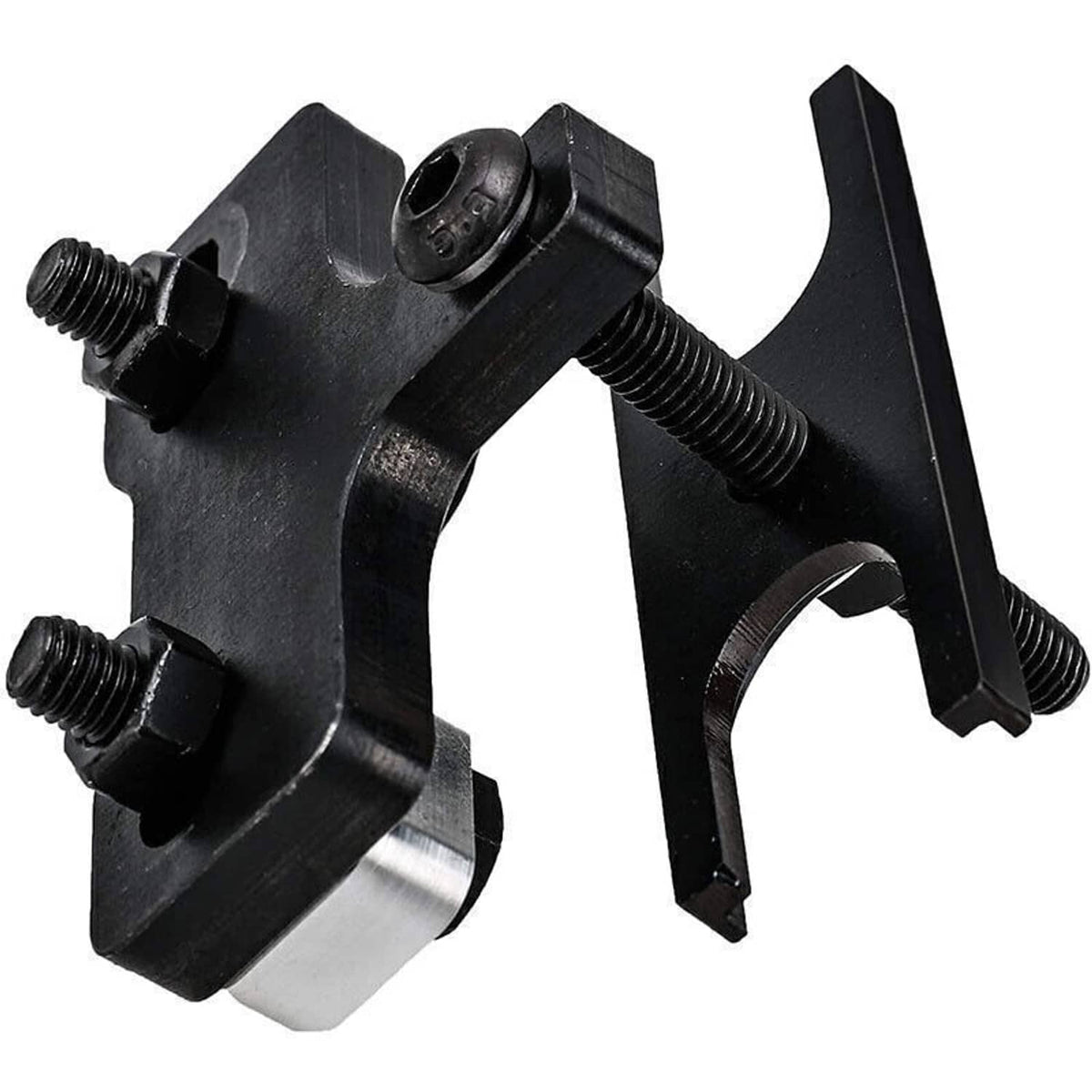 Valve spring compressor tool with black disc plates and silver base, two threaded bolts
