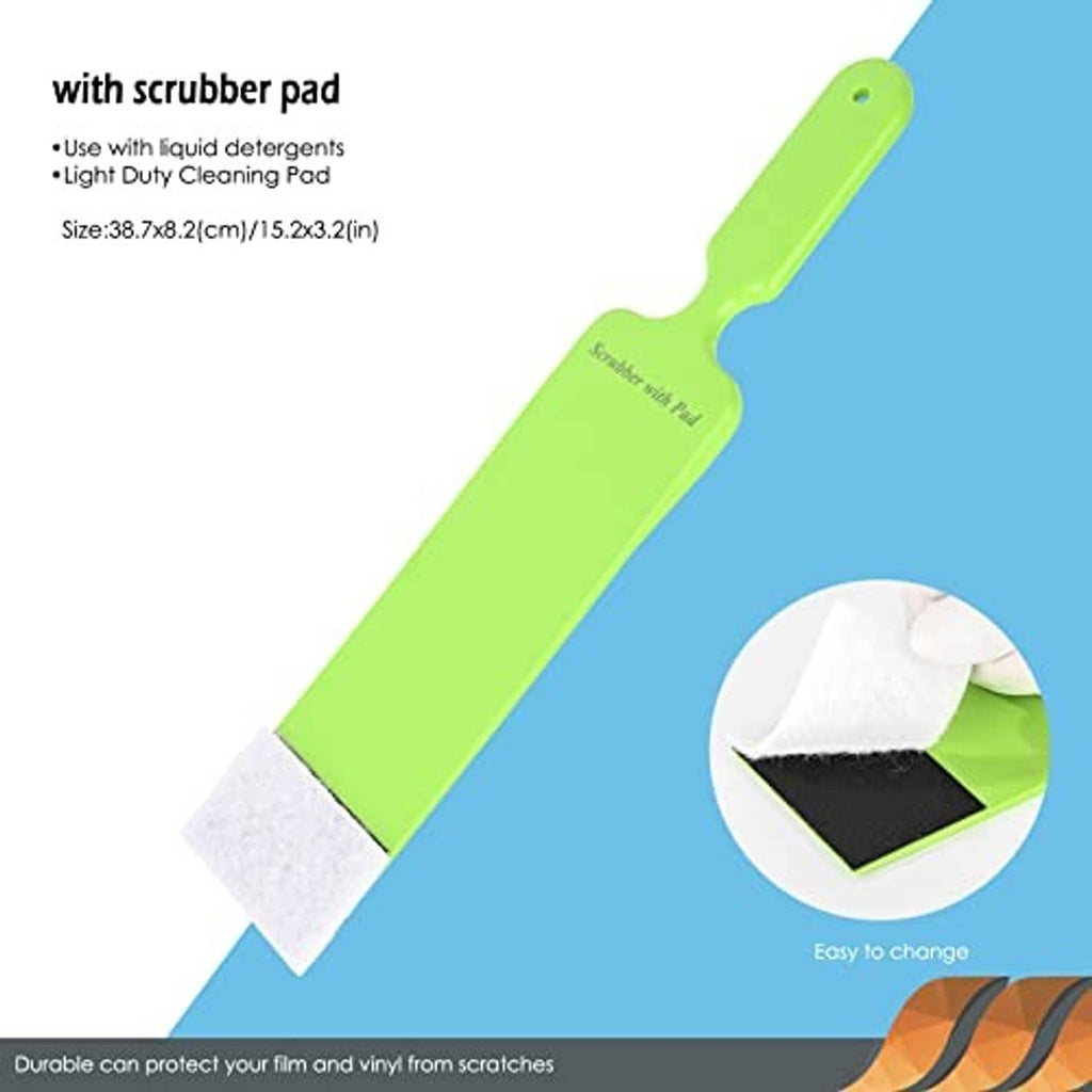Window tint squeegee with scrubber pad, green handle and white nonwoven cleaning pad