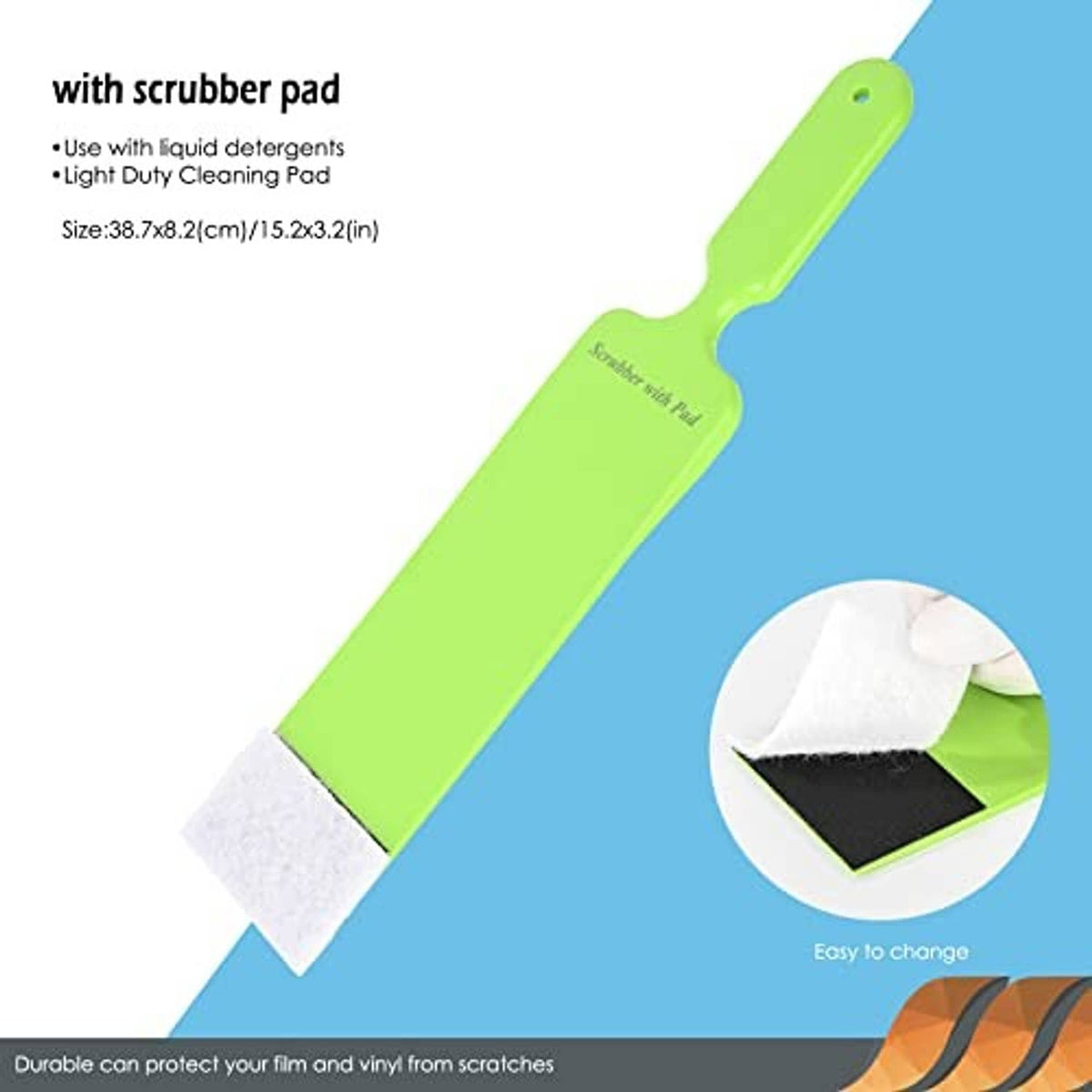 Window tint squeegee with scrubber pad, green handle and white nonwoven cleaning pad