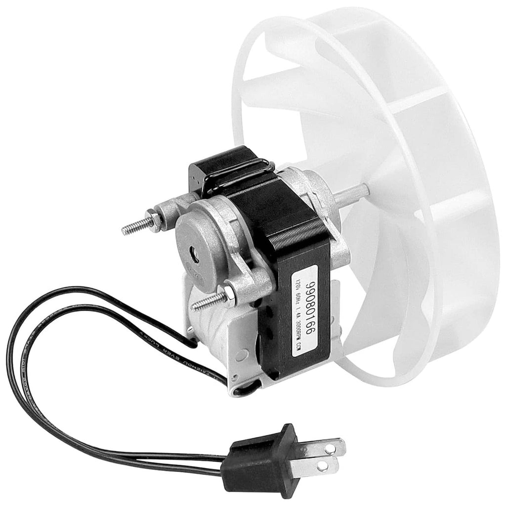 Exhaust fan motor kit with white fan blade, black wiring, and silver motor housing