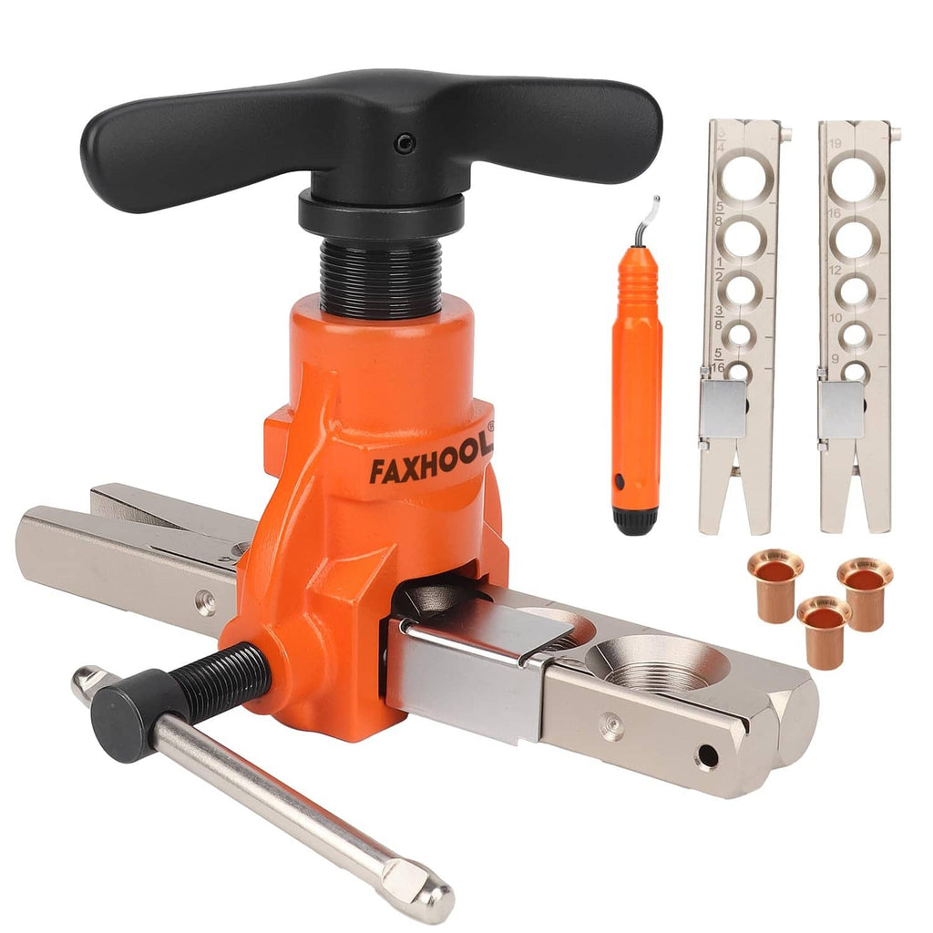 45-degree HVAC pipe flaring tool set, orange-and-black body with 4-piece accessories