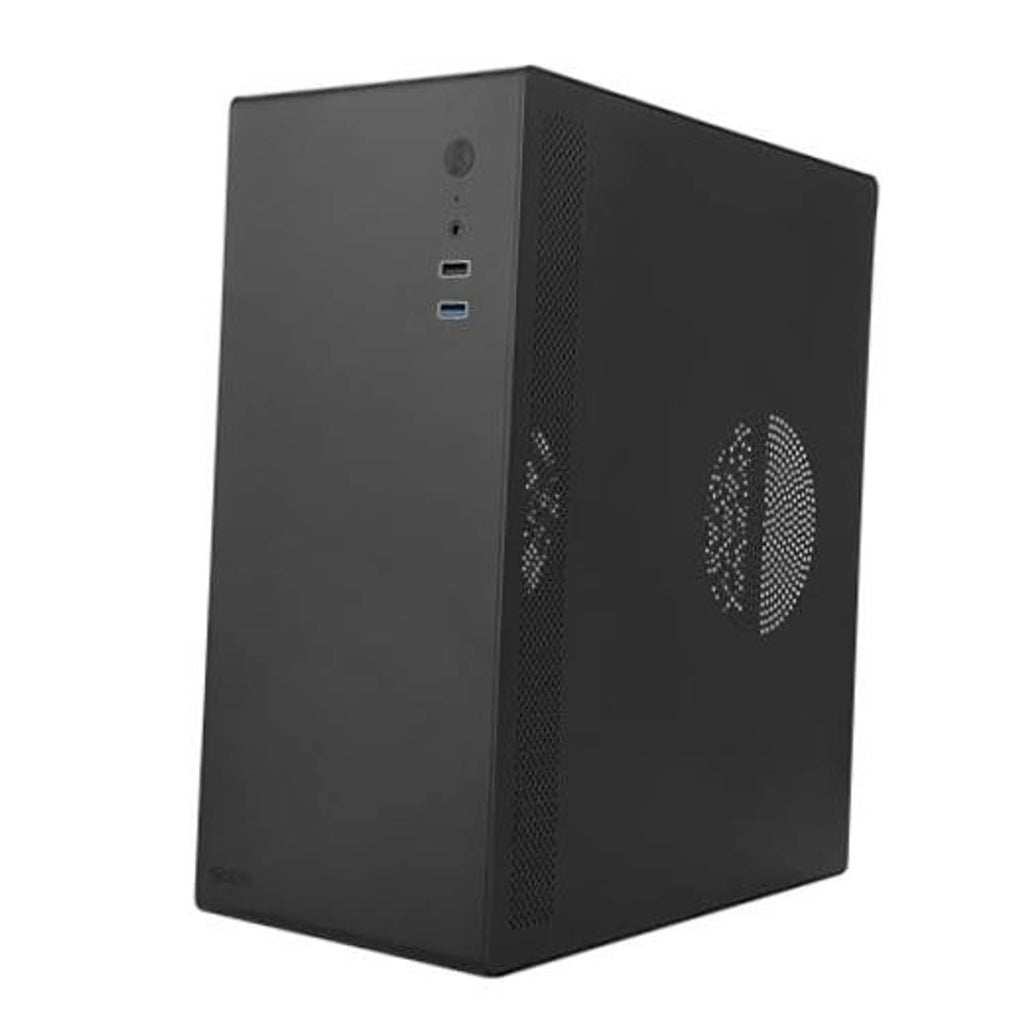 Black micro-ATX desktop computer case with front USB ports and side mesh ventilation