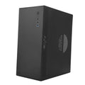 Black micro-ATX desktop computer case with front USB ports and side mesh ventilation