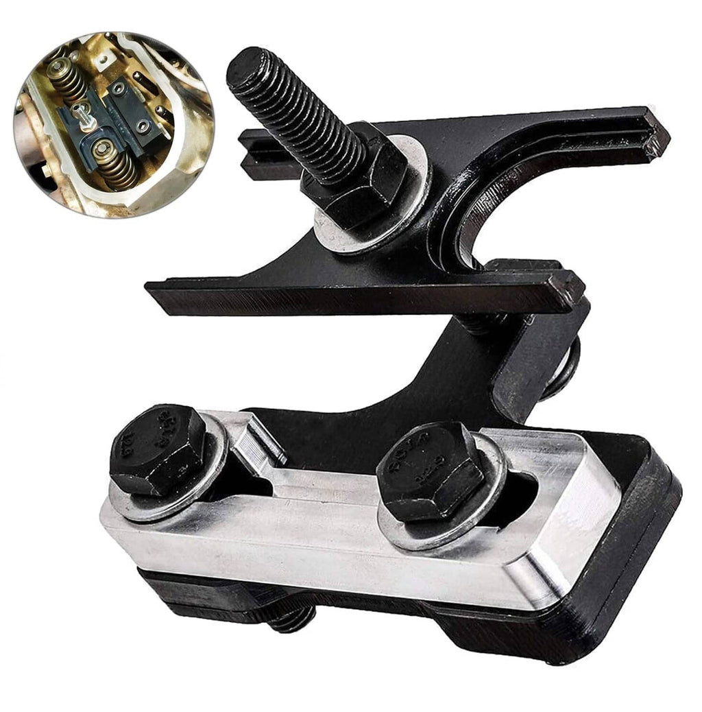Valve spring compressor tool with black curved arm and silver base, threaded adjustment bolt