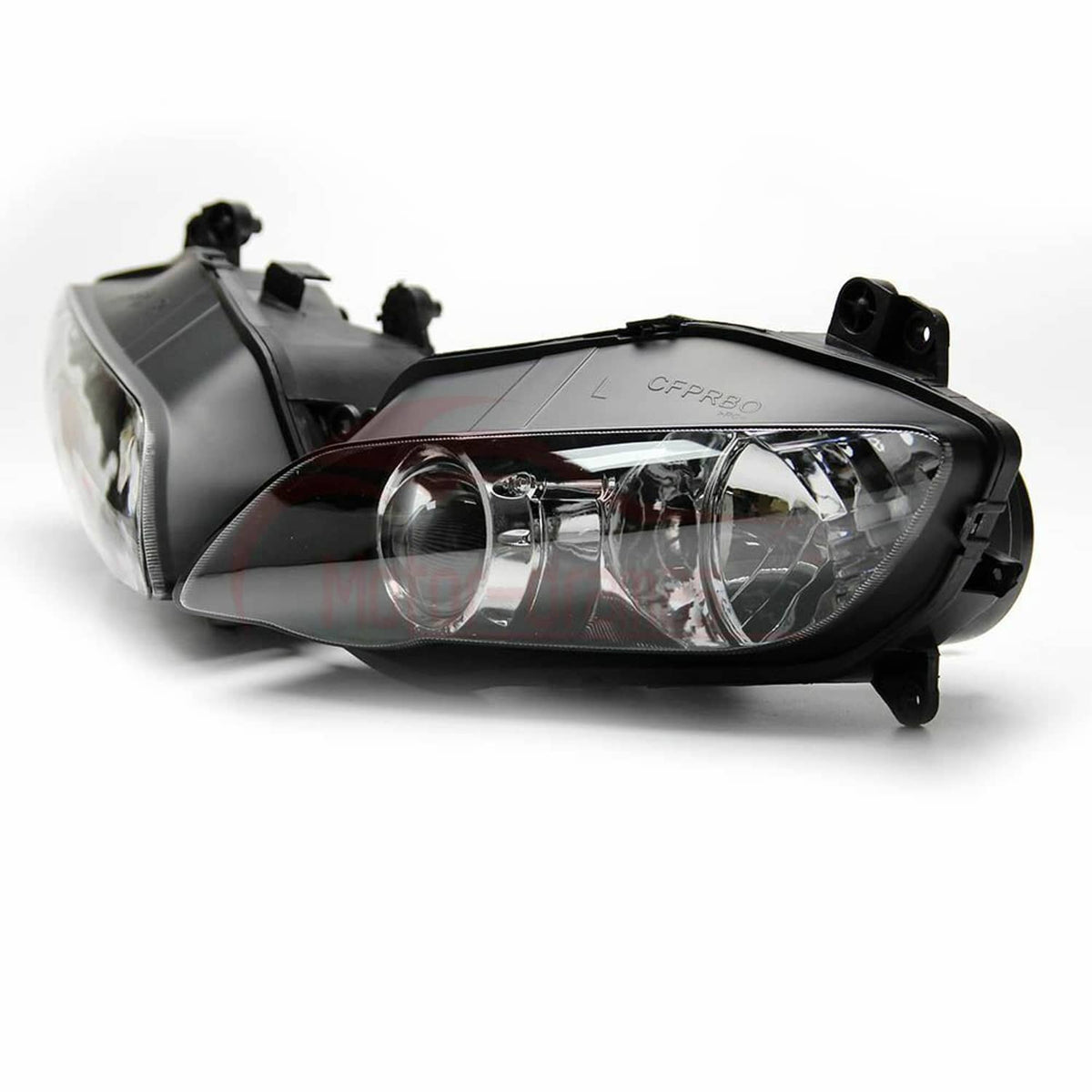Motorcycle left front headlight with black housing, clear lens, and stay bracket mount