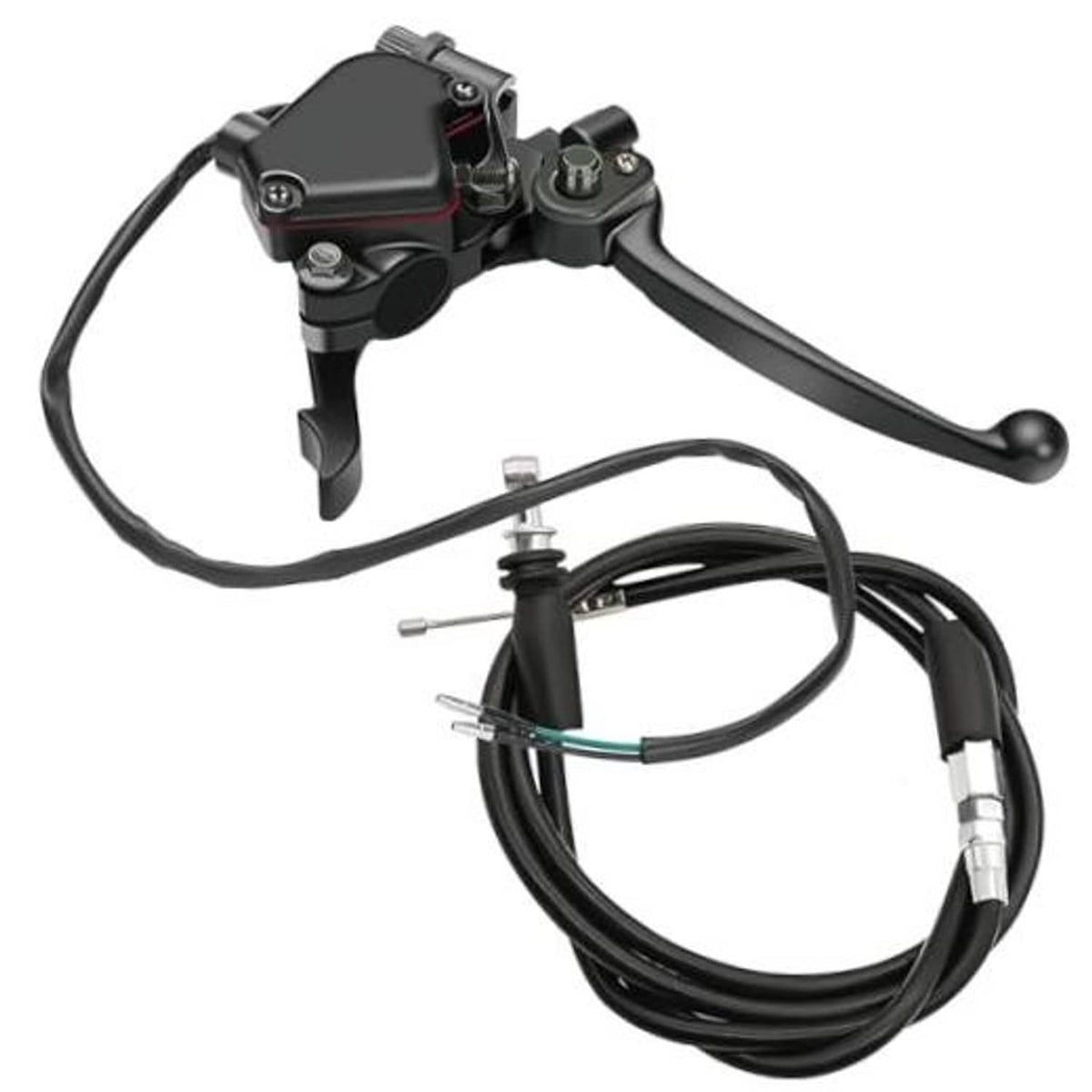 Dual brake lever thumb throttle with black levers and bundled throttle cable.
