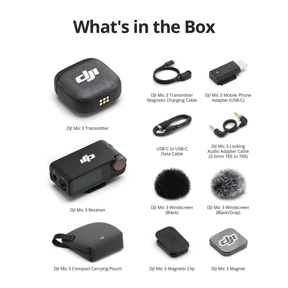 DJI Mic 3 kit contents: receiver, transmitter, windscreens, cables, clips, pouch