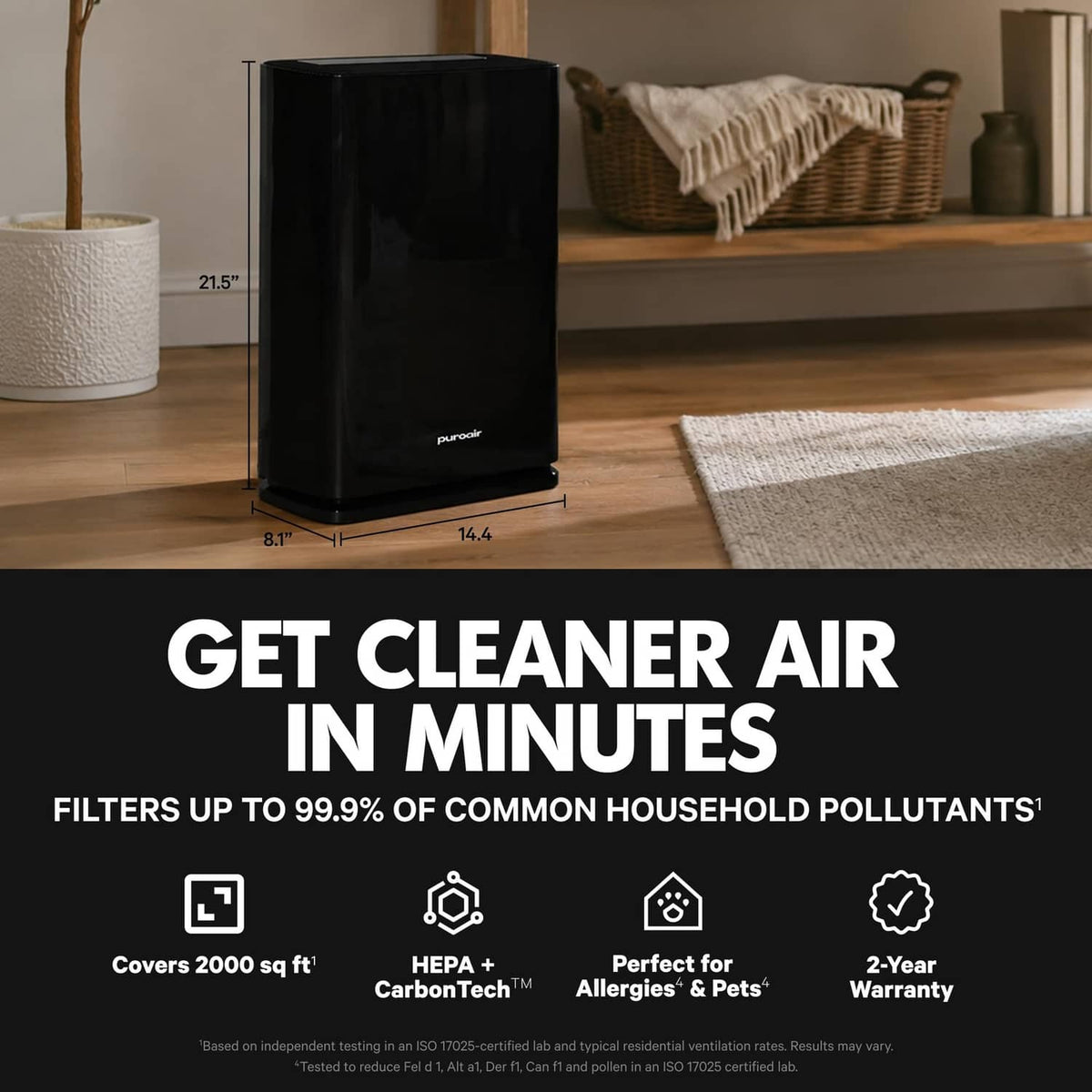 Black air purifier on the floor near a rug, with dimension markers shown.