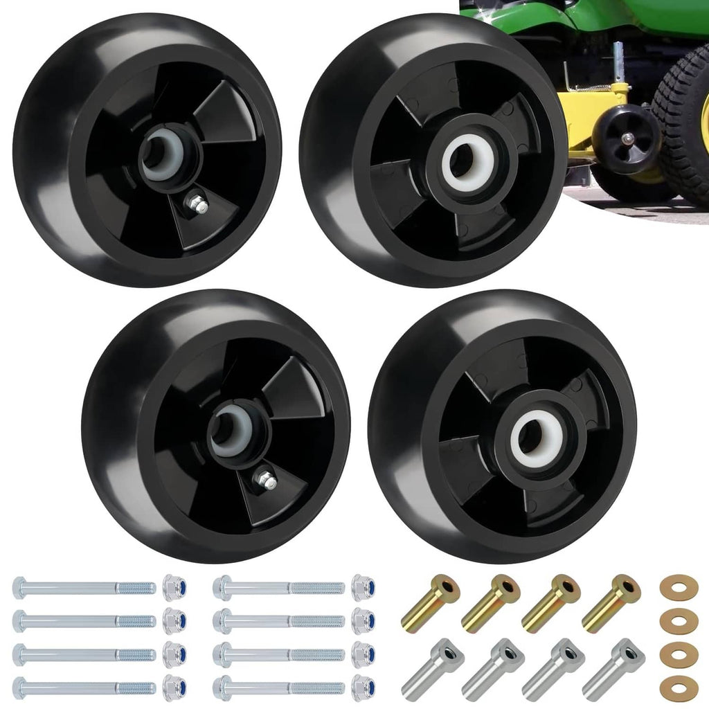 Set of four black 5-inch lawn mower wheels with mounting bolts and washers