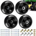 Set of four black 5-inch lawn mower wheels with mounting bolts and washers