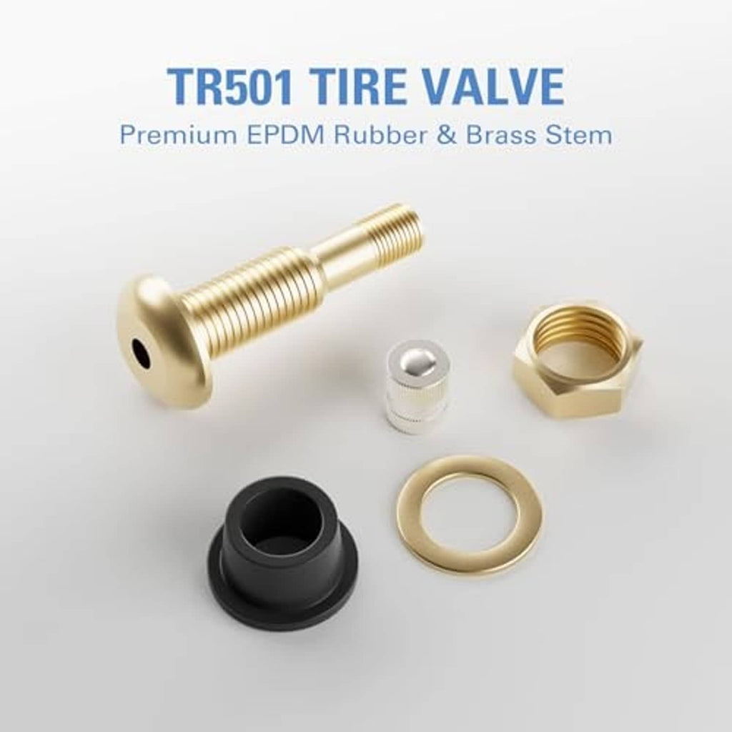 Brass tire valve stem kit with black rubber grommet, washers, and caps