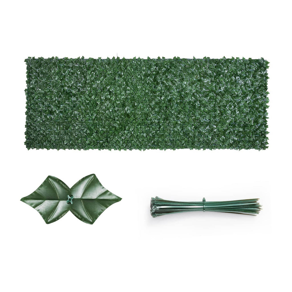 Artificial faux ivy leaf fence screen panel with mesh backing, dark green leaves, ties and stakes