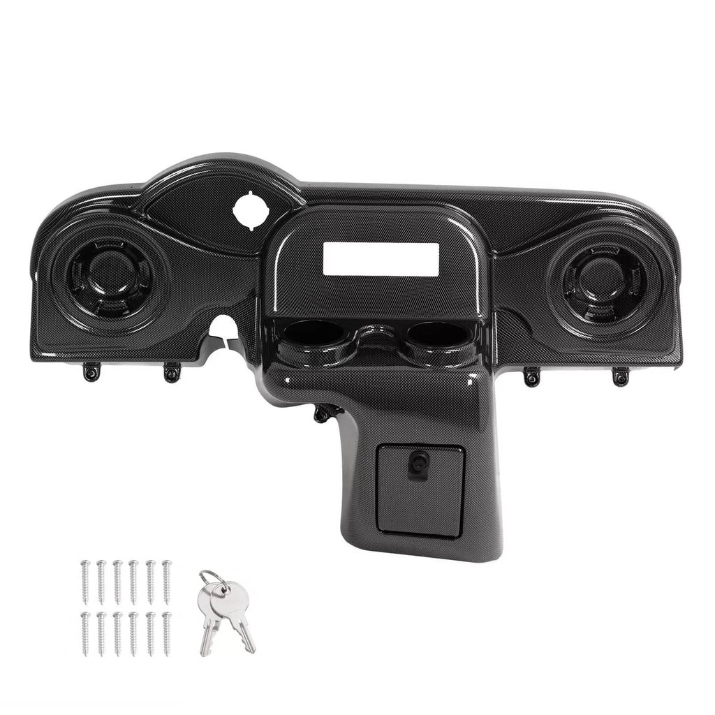 Black carbon-fiber style golf cart radio and speaker dash cover with mounting hardware