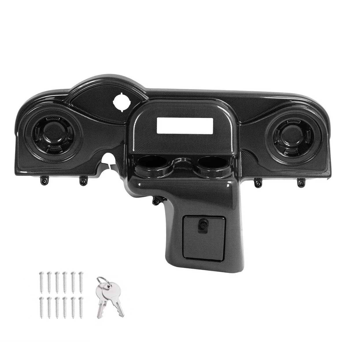 Black carbon-fiber style golf cart radio and speaker dash cover with mounting hardware