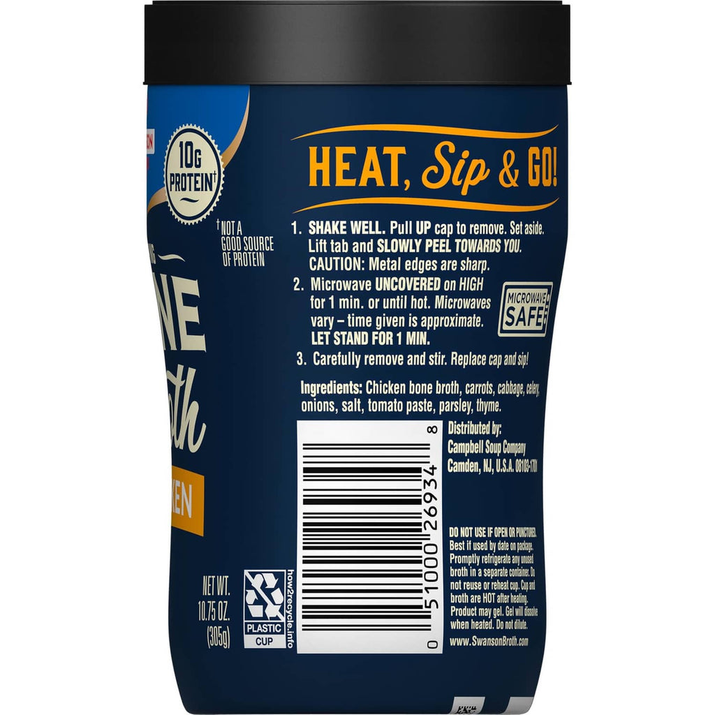 Bone broth cup back panel with Heat, Sip & Go directions and barcode