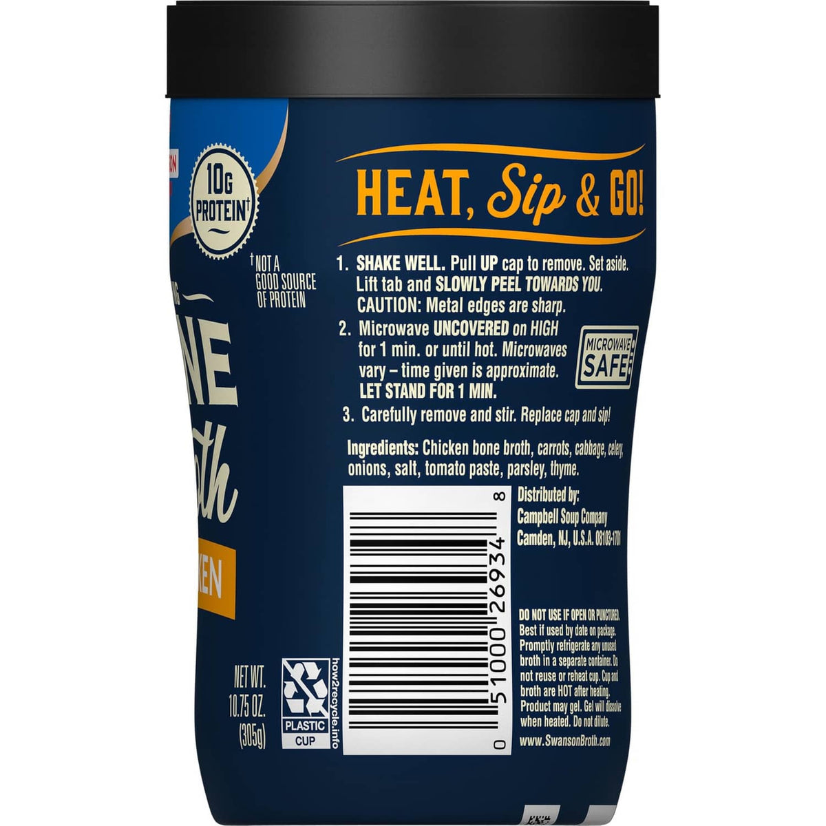 Bone broth cup back panel with Heat, Sip & Go directions and barcode