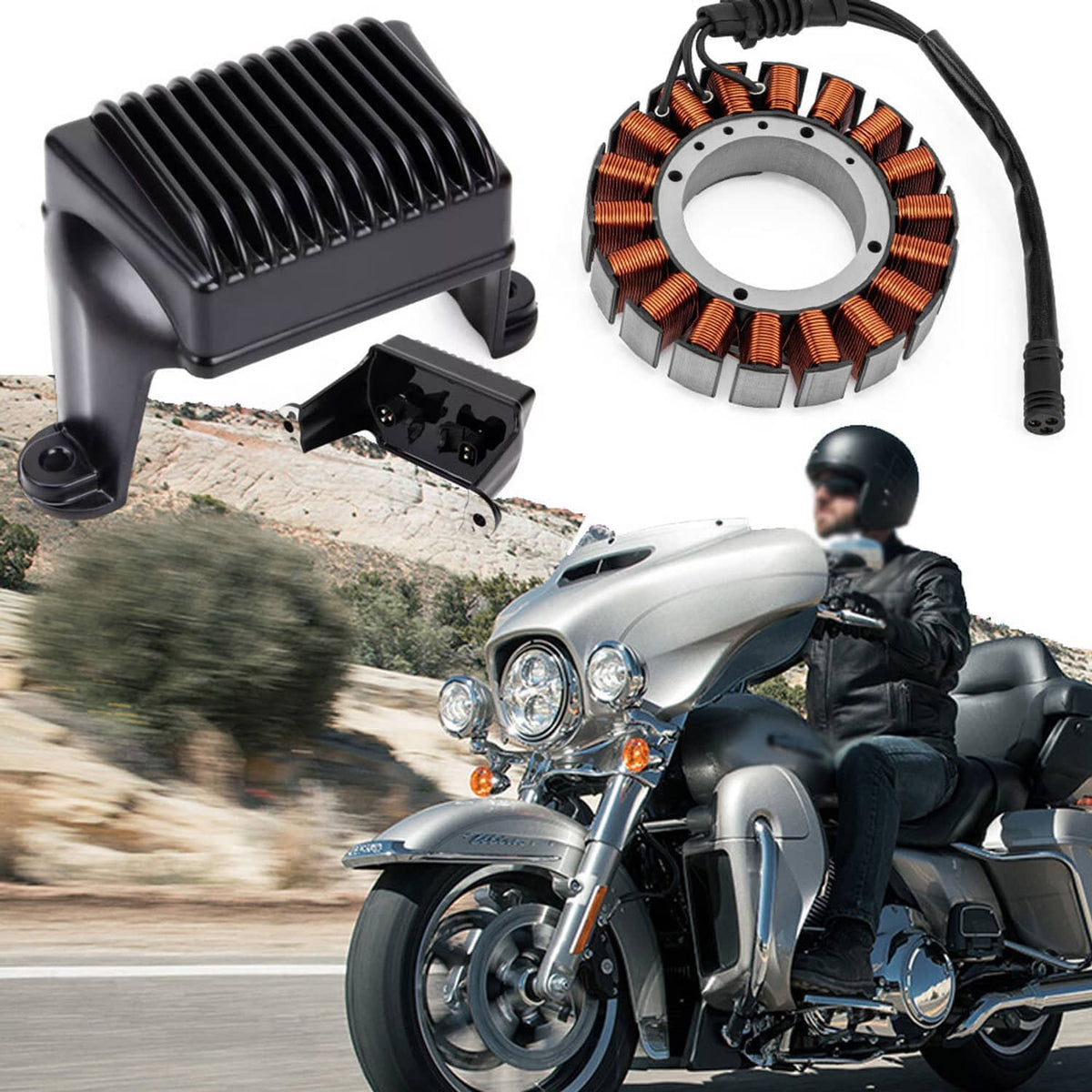 Motorcycle stator with copper windings and black regulator rectifier module