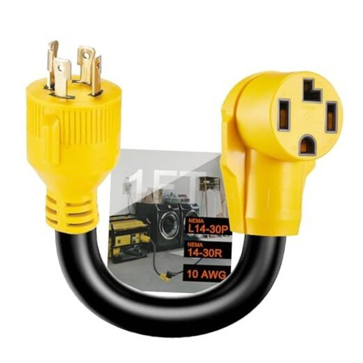 NEMA L14-30P to 14-30R adapter cord, yellow 4-prong plugs with black 10AWG cable