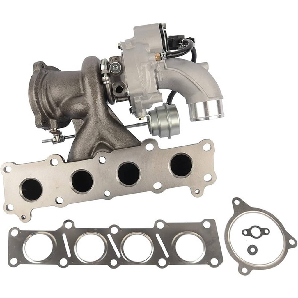 Turbocharger assembly showing cast exhaust manifold and intake connection pipes