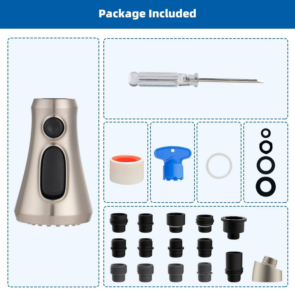 Faucet sprayer head package contents with blue tool, adapters, and o-rings
