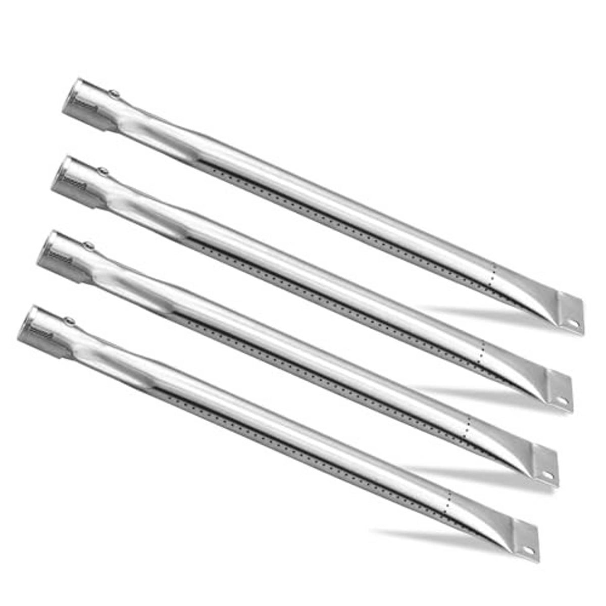 Four stainless steel grill burner tubes with perforated vent holes and angled mounting ends