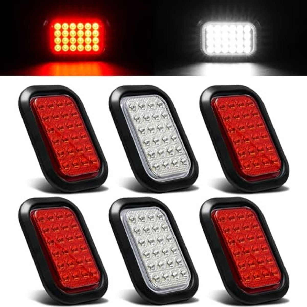Six-piece LED light set showing red and white illuminated lenses in black cases