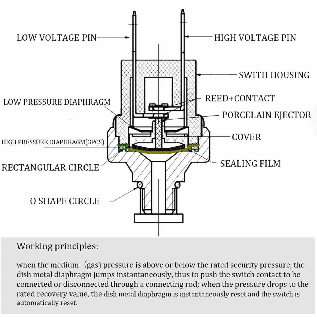 Air pressure switch cross-section diagram with low/high pressure diaphragm and reed contacts