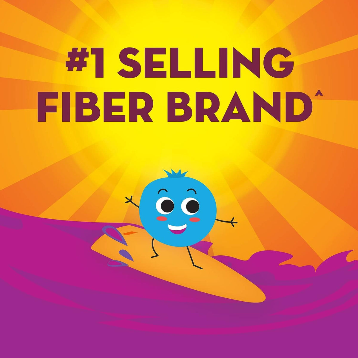 Metamucil Kids fiber gummies graphic featuring #1 selling fiber brand with a blue character.