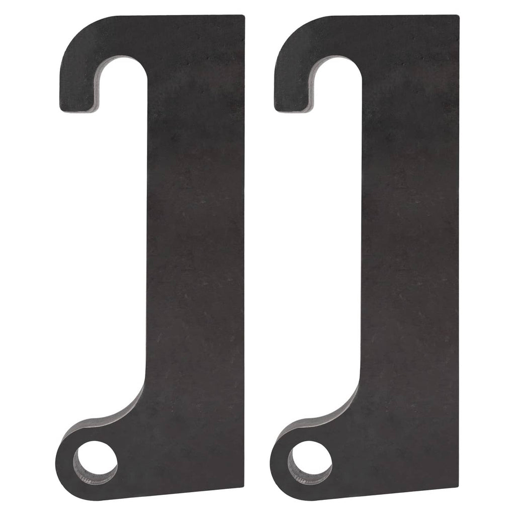 Pair of dark steel loader mount brackets with U notch tops and round bolt holes